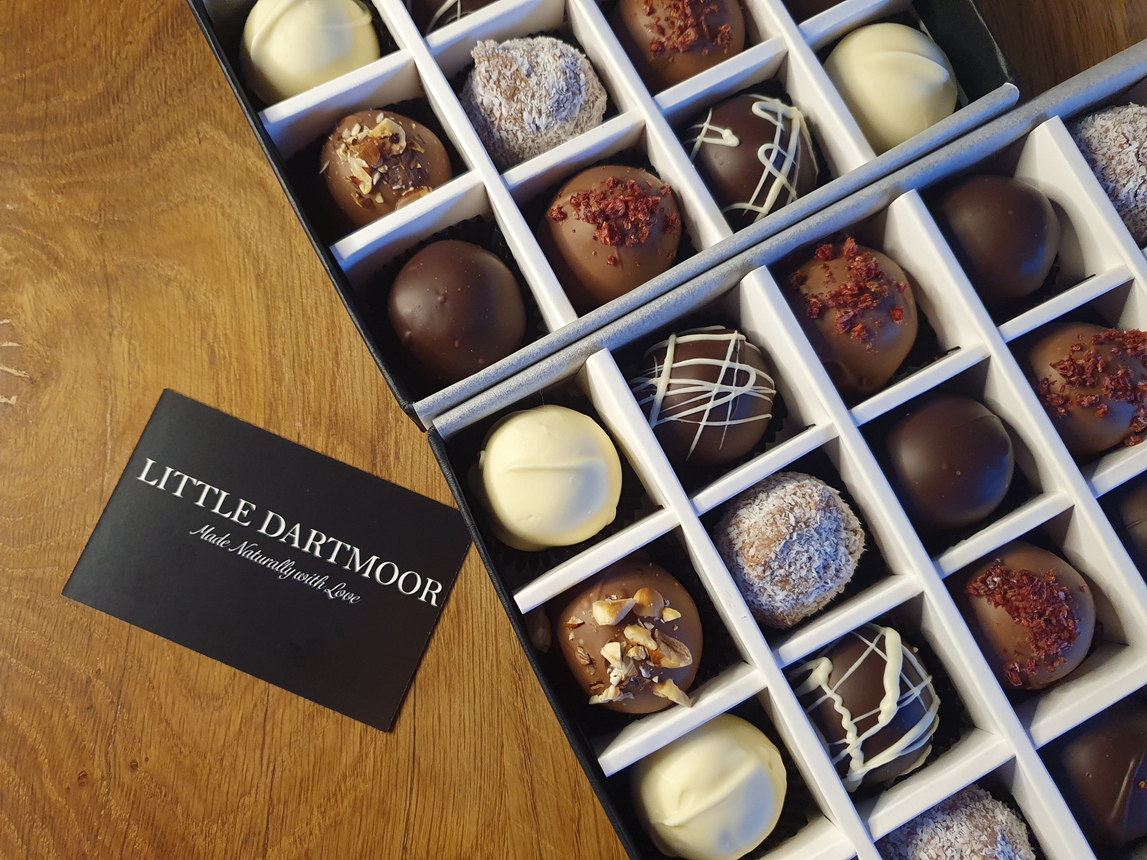 classic collection chocolate truffles in a luxury gift box with Little Dartmoor business card